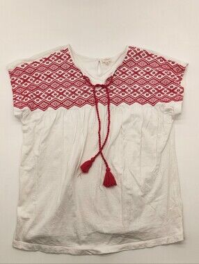 Keep In Touch Women’s Large White Red Embroidered Boho Peasant Top Tassel Cotton